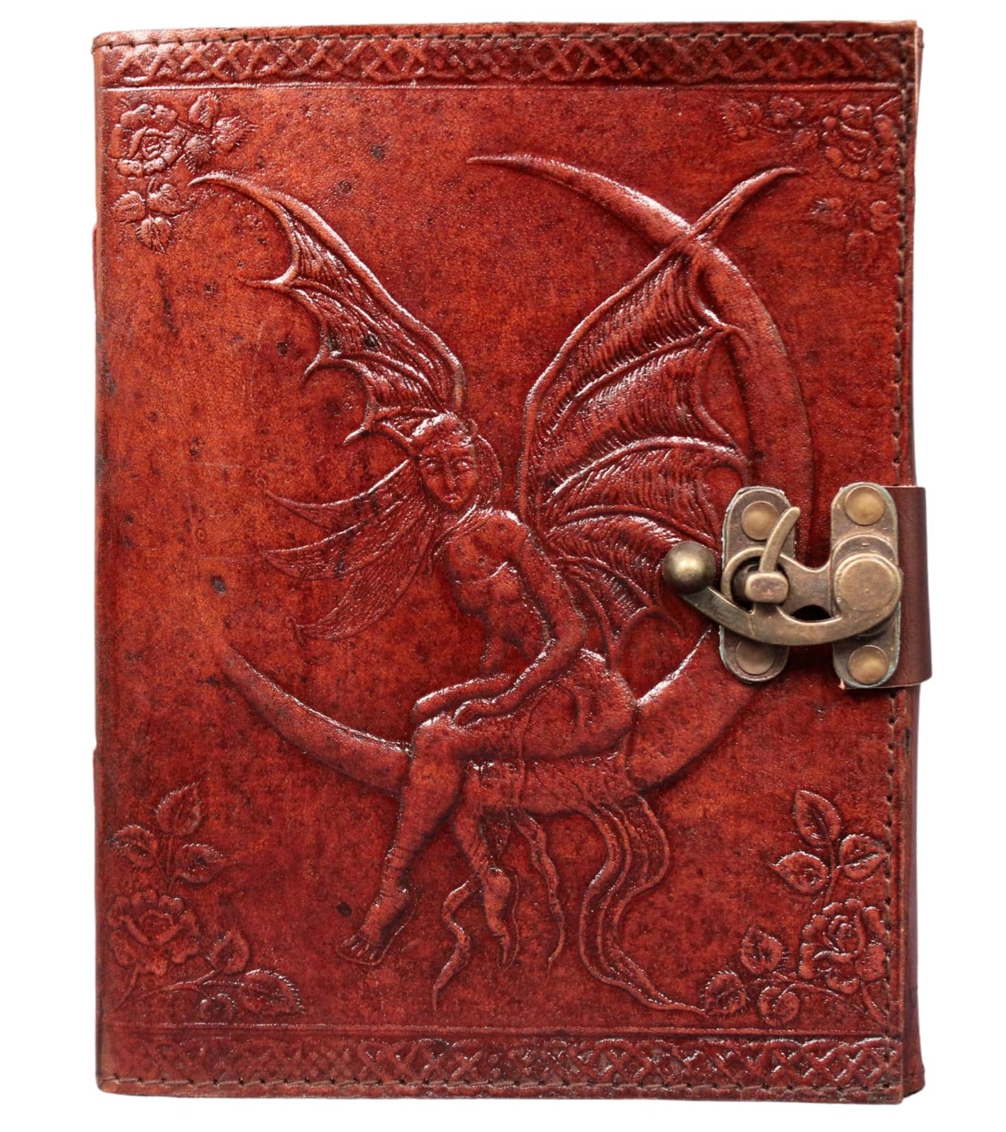 Angel Leather Journal – Handcrafted Diary with Embossed Angel Design & Double Clasp Closure