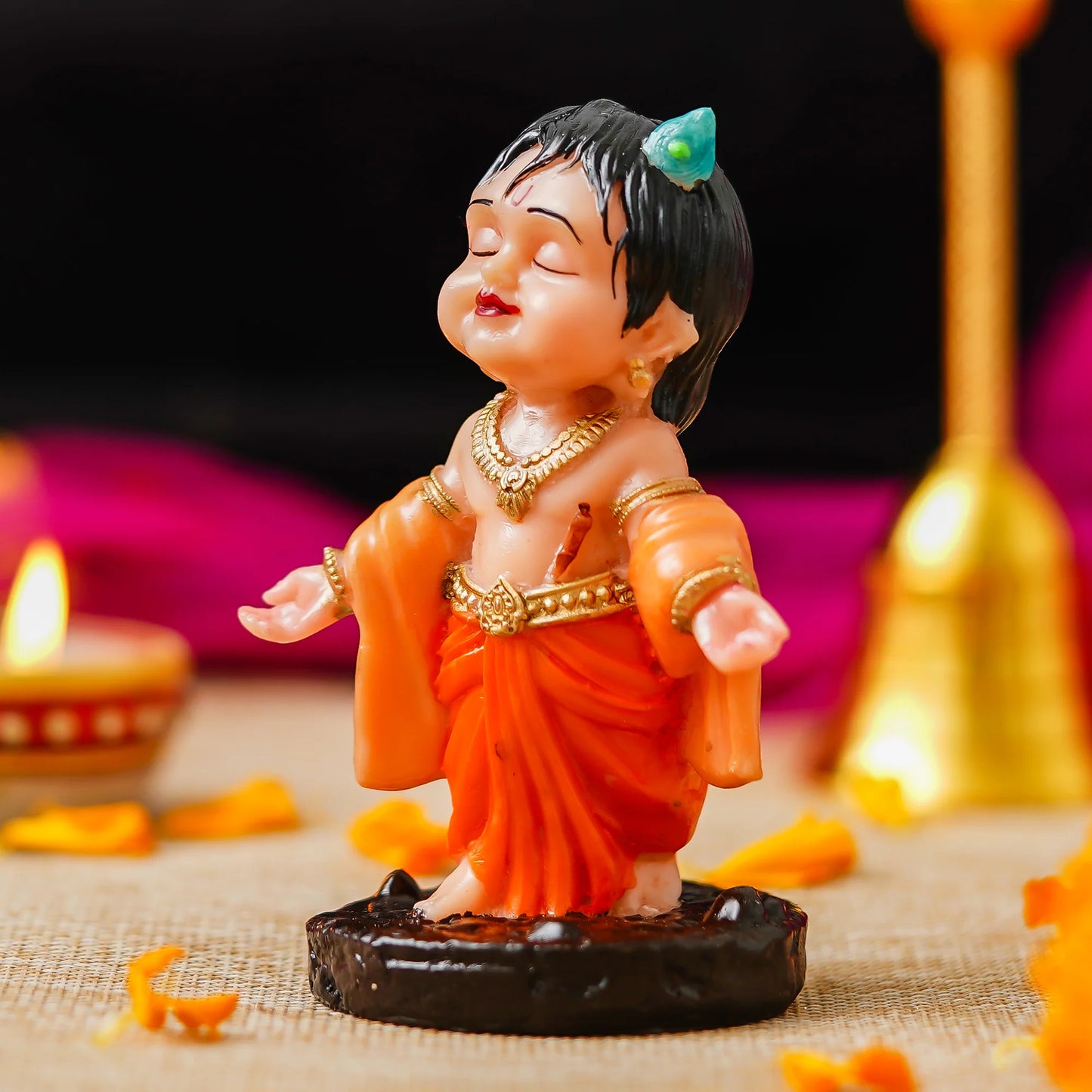 Bal Gopal Krishna Idol – Resin with Gold Finish | Krishna Murti for Car Dashboard, Home Temple & Office Decor | Hindu God Statue