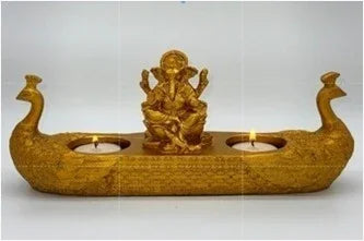 Golden Ganesha Idol with Peacock & Dia Holders – Liquid Gold Finish | Pooja Decor & Festive Gift