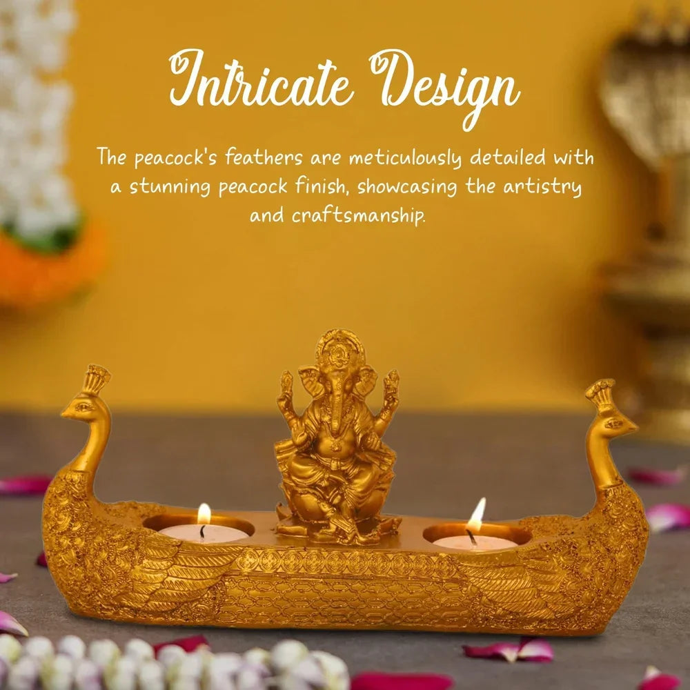 Golden Ganesha Idol with Peacock & Dia Holders – Liquid Gold Finish | Pooja Decor & Festive Gift