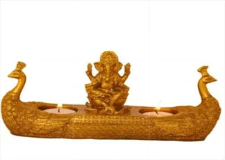 Golden Ganesha Idol with Peacock & Dia Holders – Liquid Gold Finish | Pooja Decor & Festive Gift
