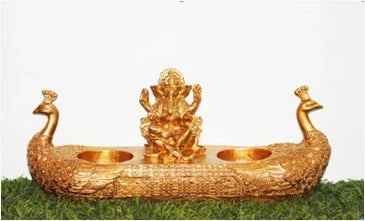 Golden Ganesha Idol with Peacock & Dia Holders – Liquid Gold Finish | Pooja Decor & Festive Gift