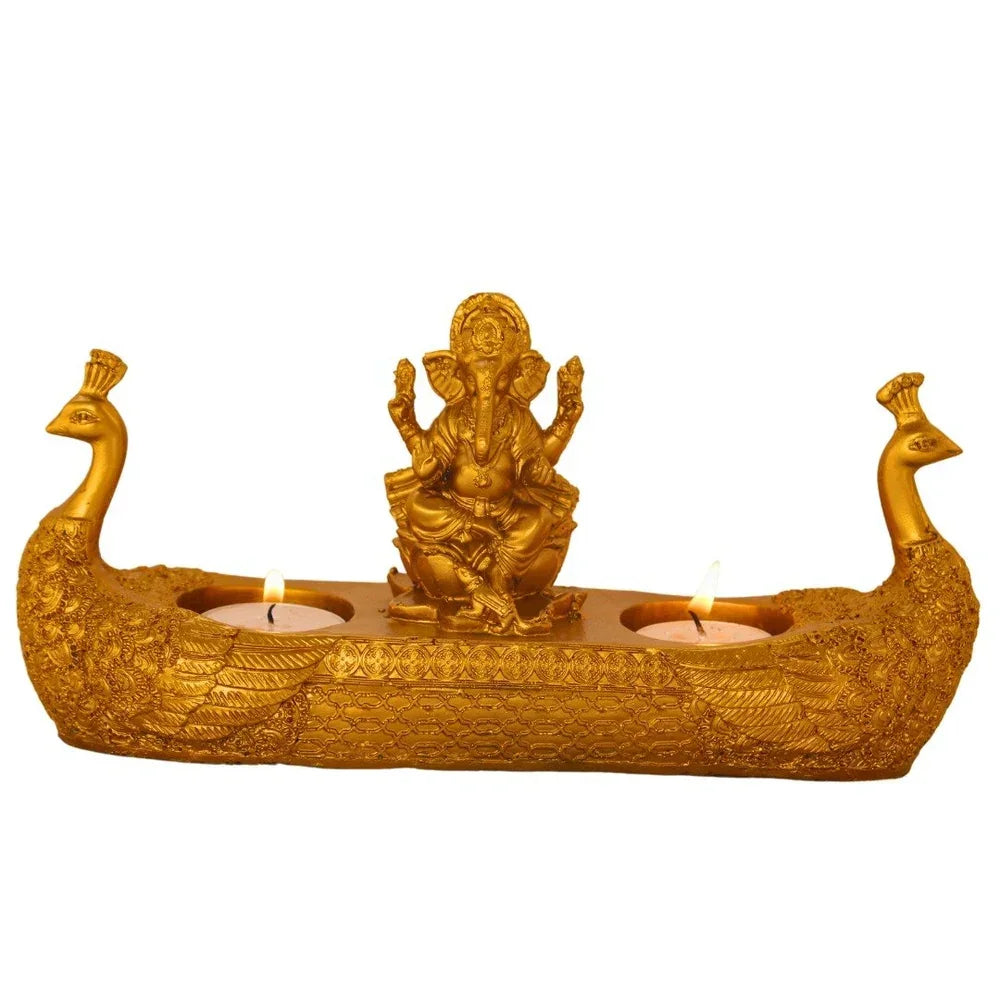 Golden Ganesha Idol with Peacock & Dia Holders – Liquid Gold Finish | Pooja Decor & Festive Gift