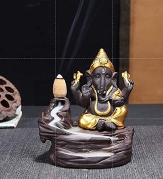 Gold & Brown Ganesha Smoke Backflow Cone Holder – Resin Waterfall Incense Burner with 10 Scented Cones | Decorative Showpiece for Home & Gift | Namami Store