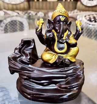 Gold & Brown Ganesha Smoke Backflow Cone Holder – Resin Waterfall Incense Burner with 10 Scented Cones | Decorative Showpiece for Home & Gift | Namami Store