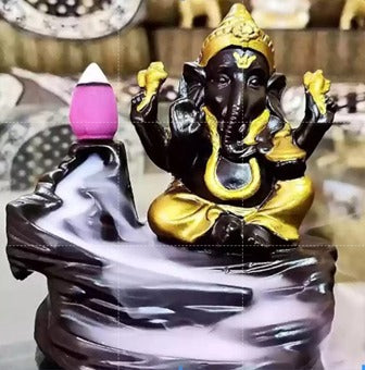 Gold & Brown Ganesha Smoke Backflow Cone Holder – Resin Waterfall Incense Burner with 10 Scented Cones | Decorative Showpiece for Home & Gift | Namami Store