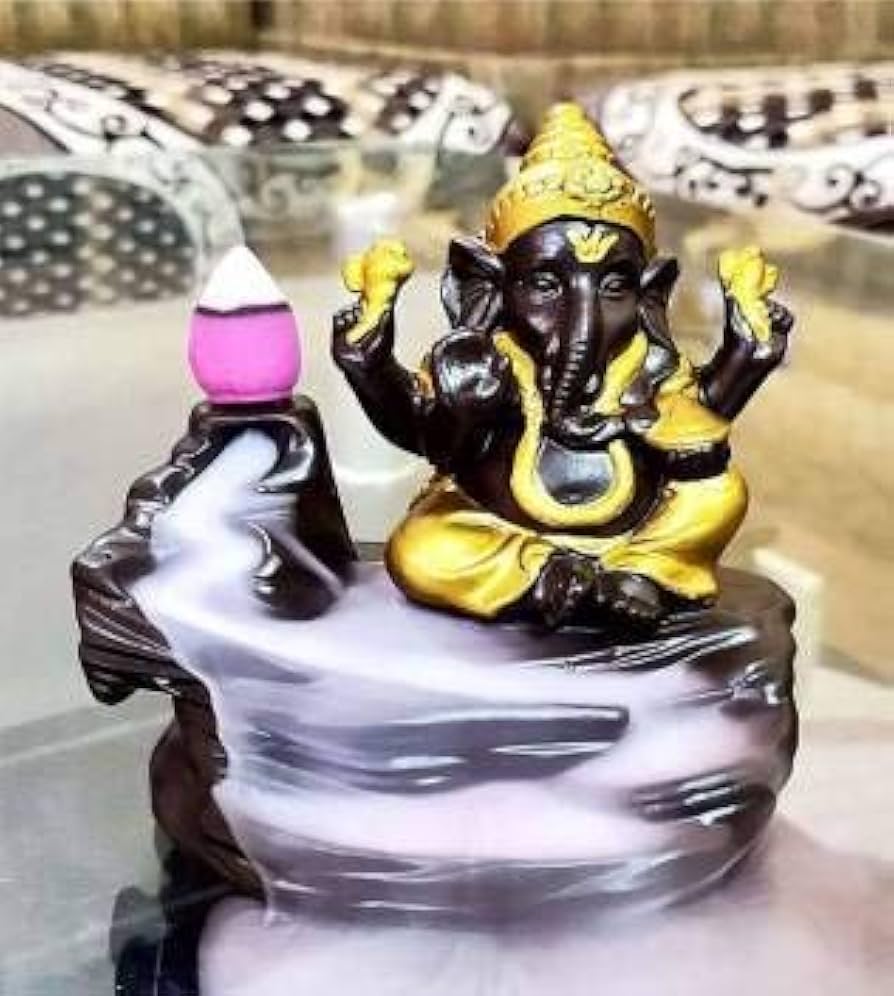 Gold & Brown Ganesha Smoke Backflow Cone Holder – Resin Waterfall Incense Burner with 10 Scented Cones | Decorative Showpiece for Home & Gift | Namami Store