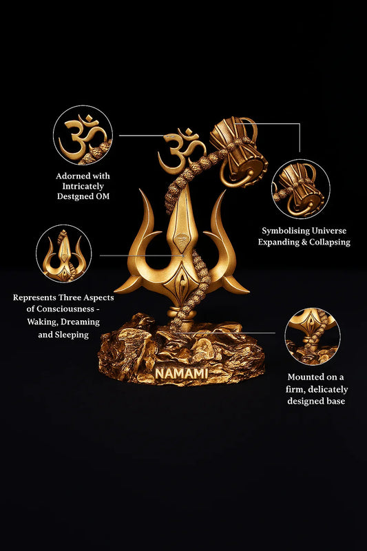 Shiv Ji Trishul with Damru – Gold Resin Showpiece for Car Dashboard, Home & Spiritual Décor