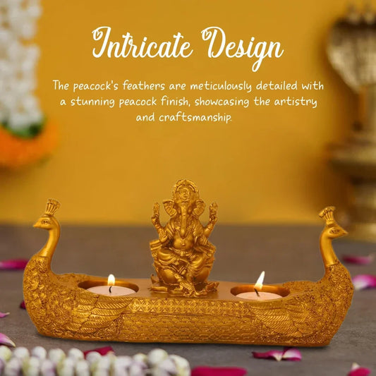 Golden Ganesha Idol with Peacock & Dia Holders – Liquid Gold Finish | Pooja Decor & Festive Gift