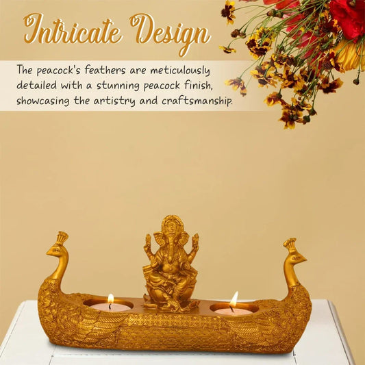 Golden Ganesha Idol with Peacock & Dia Holders – Liquid Gold Finish | Pooja Decor & Festive Gift