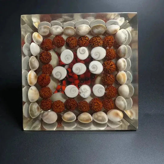 Shree Yantra Gomti Chakra Pyramid with Rudraksha, White Kauri & Orgonite – Spiritual Vastu Tool for Luck, Energy Balance & Prosperity | Namami Store