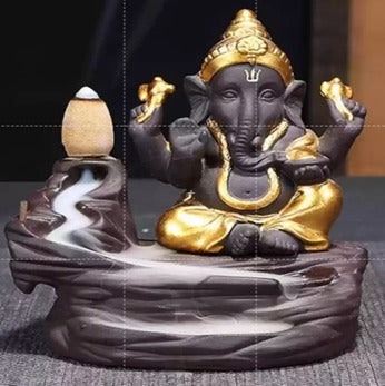 Gold & Brown Ganesha Smoke Backflow Cone Holder – Resin Waterfall Incense Burner with 10 Scented Cones | Decorative Showpiece for Home & Gift | Namami Store