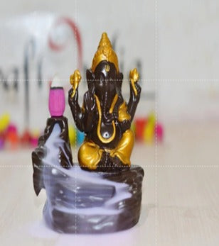 Gold & Brown Ganesha Smoke Backflow Cone Holder – Resin Waterfall Incense Burner with 10 Scented Cones | Decorative Showpiece for Home & Gift | Namami Store